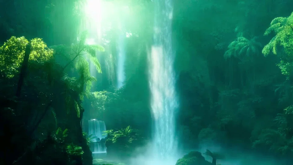 Mystical Waterfall in lush green forest with sunbeams flowing continuously