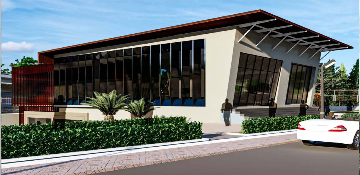Clubhouse exterior surrounded by greenery