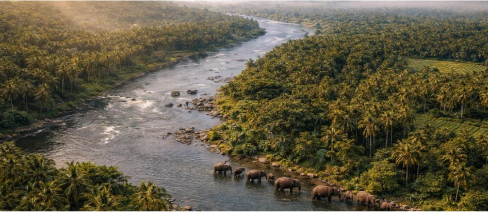 Siruvani River flowing through palms and mountain landscape